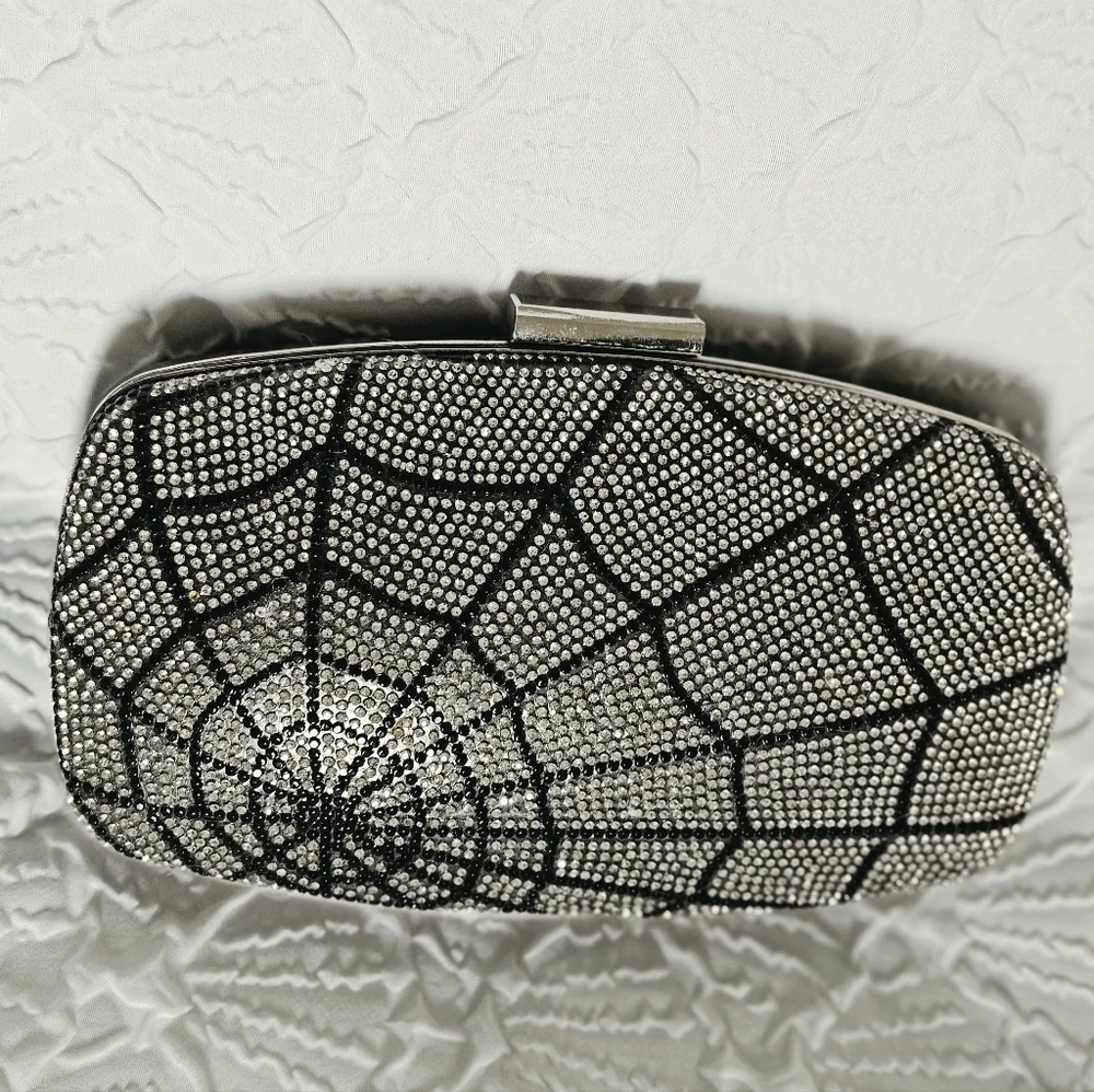 NWOT Goth Glam Rhinestone Spiderweb Hardcase Evening Clutch Black Satin Back